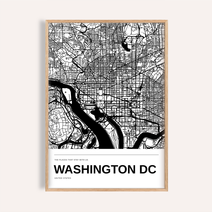 Washington DC Black and White Map Print — Personalised · Natural wood frame example