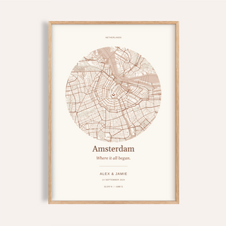 Amsterdam Personalised Location Map — Our Place · Natural wood frame example