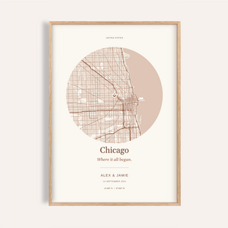 Chicago Personalised Location Map — Our Place · Natural wood frame example