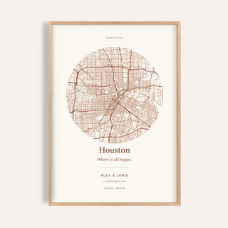 Houston Personalised Location Map — Our Place · Natural wood frame example