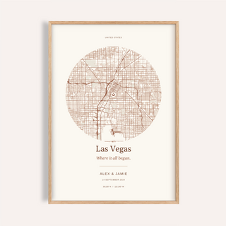 Las Vegas Personalised Location Map — Our Place · Natural wood frame example