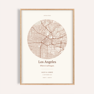 Los Angeles Personalised Location Map — Our Place · Natural wood frame example