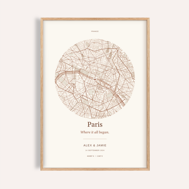 Paris Personalised Location Map — Our Place · Natural wood frame example