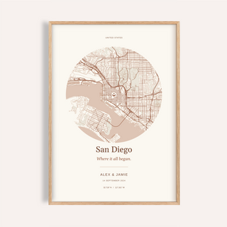 San Diego Personalised Location Map — Our Place · Natural wood frame example