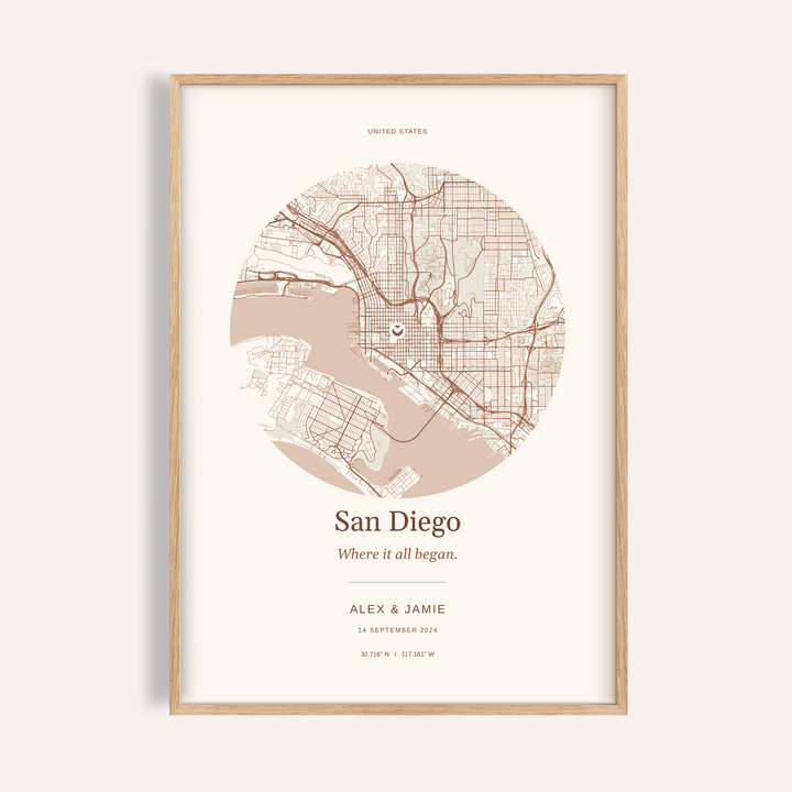 San Diego Personalised Location Map — Our Place · Natural wood frame example