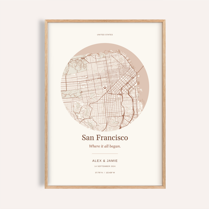 San Francisco Personalised Location Map — Our Place · Natural wood frame example
