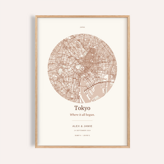 Tokyo Personalised Location Map — Our Place · Natural wood frame example