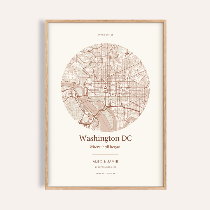 Washington DC Personalised Location Map — Our Place · Natural wood frame example