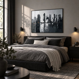 City Skylines Wall Art, framed on the wall of a monochrome bedroom