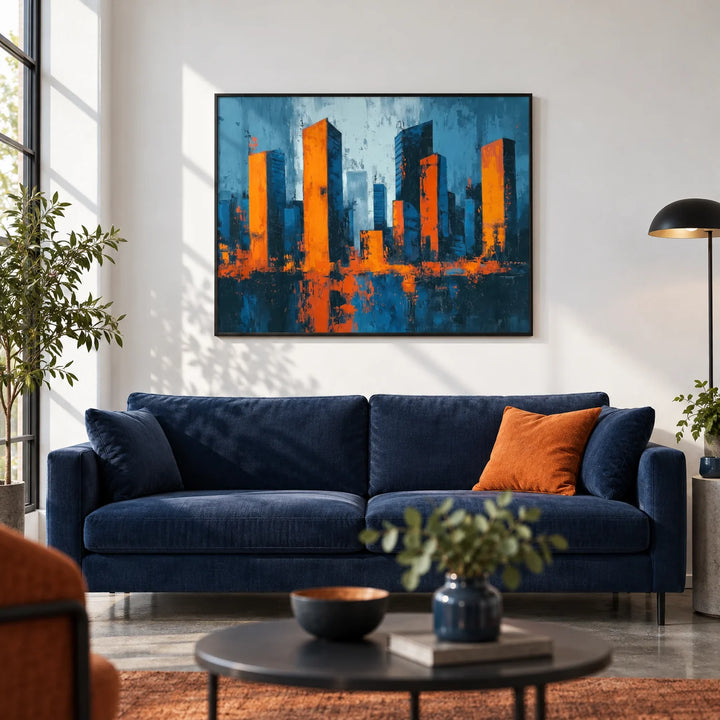 Cityscape Wall Art, framed on the wall of a city-flat living room with a white wall and a polished concrete floor