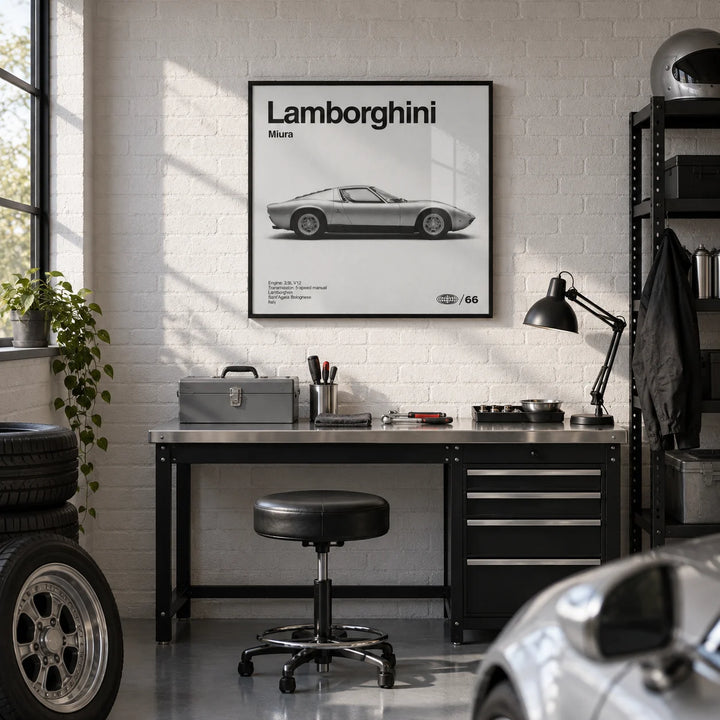 Classic 1960s Supercar Poster, framed on the wall of a car enthusiast's den in a converted garage with a white painted brick wall and a grey epoxy floor