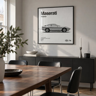 Classic 1970s Grand Tourer Poster, framed on the wall of a compact dining room in a design-conscious UK flat with pale grey walls and a walnut dining table