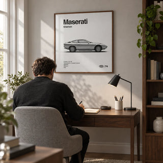 Classic 1970s Grand Tourer Poster, framed on the wall of a quiet home study in a renovated UK terrace with a pale grey wall and walnut shelving