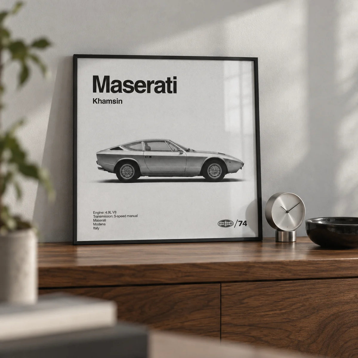 Classic 1970s Grand Tourer Poster, a small A4 framed print leaning on a walnut shelf in a home office
