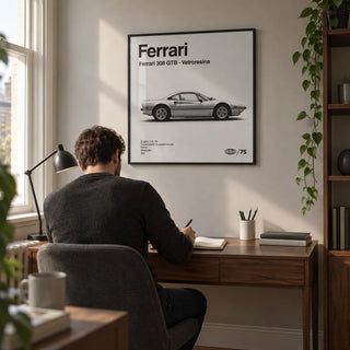 Classic 1970s Italian Sports Car Poster, framed on the wall of a compact home study in a UK terraced house with a pale grey wall and walnut furniture