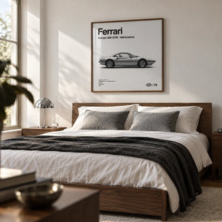 Classic 1970s Italian Sports Car Poster, framed on the wall of a grown-up bedroom for a classic-car enthusiast in a UK home with a soft white wall and walnut bedside furniture