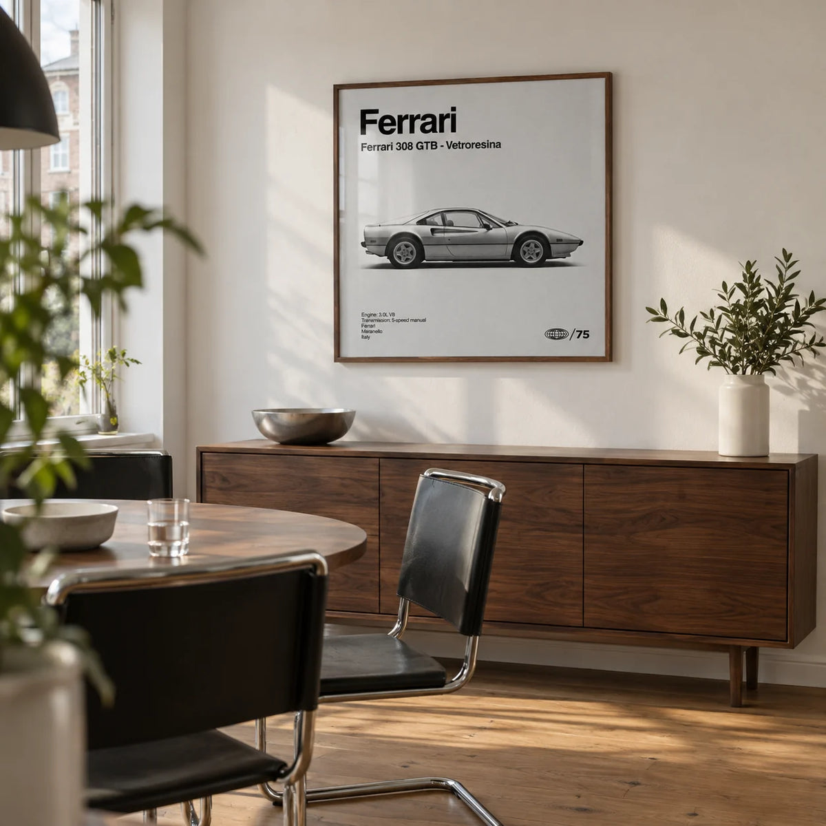 Classic 1970s Italian Sports Car Poster, framed on the wall of a modern dining room in a UK flat with an off-white wall and plain oak floor