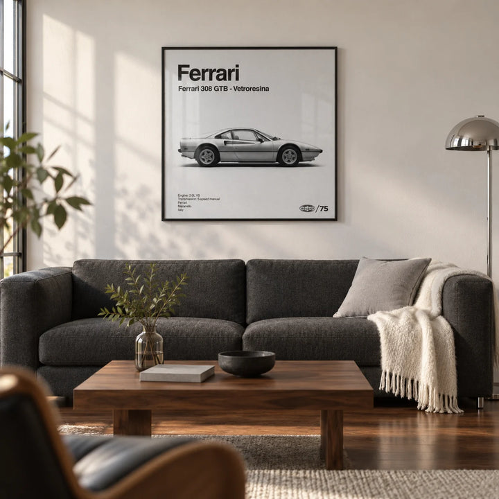 Classic 1970s Italian Sports Car Poster, framed on the wall of a modern living room in a design-conscious UK city flat with a soft white wall and walnut floor