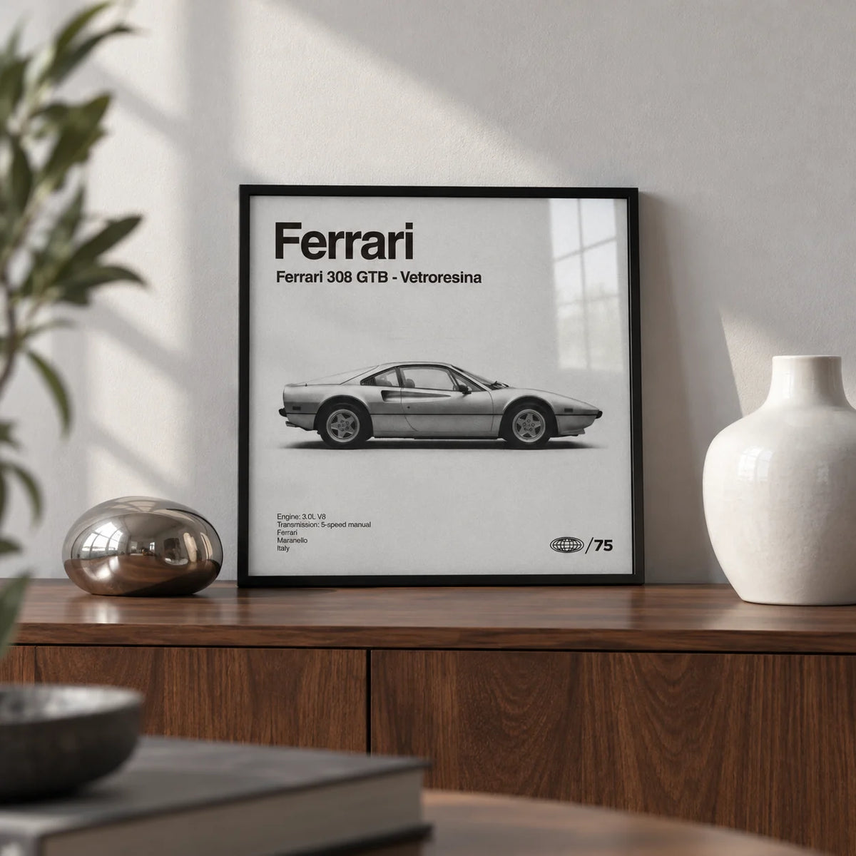 Classic 1970s Italian Sports Car Poster, a small A4 framed print leaning on a walnut sideboard in a living room