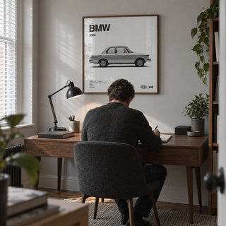 Classic 1970s Sports Saloon Poster, framed on the wall of a classic-car enthusiast's compact home study in a UK terraced house with a pale grey wall