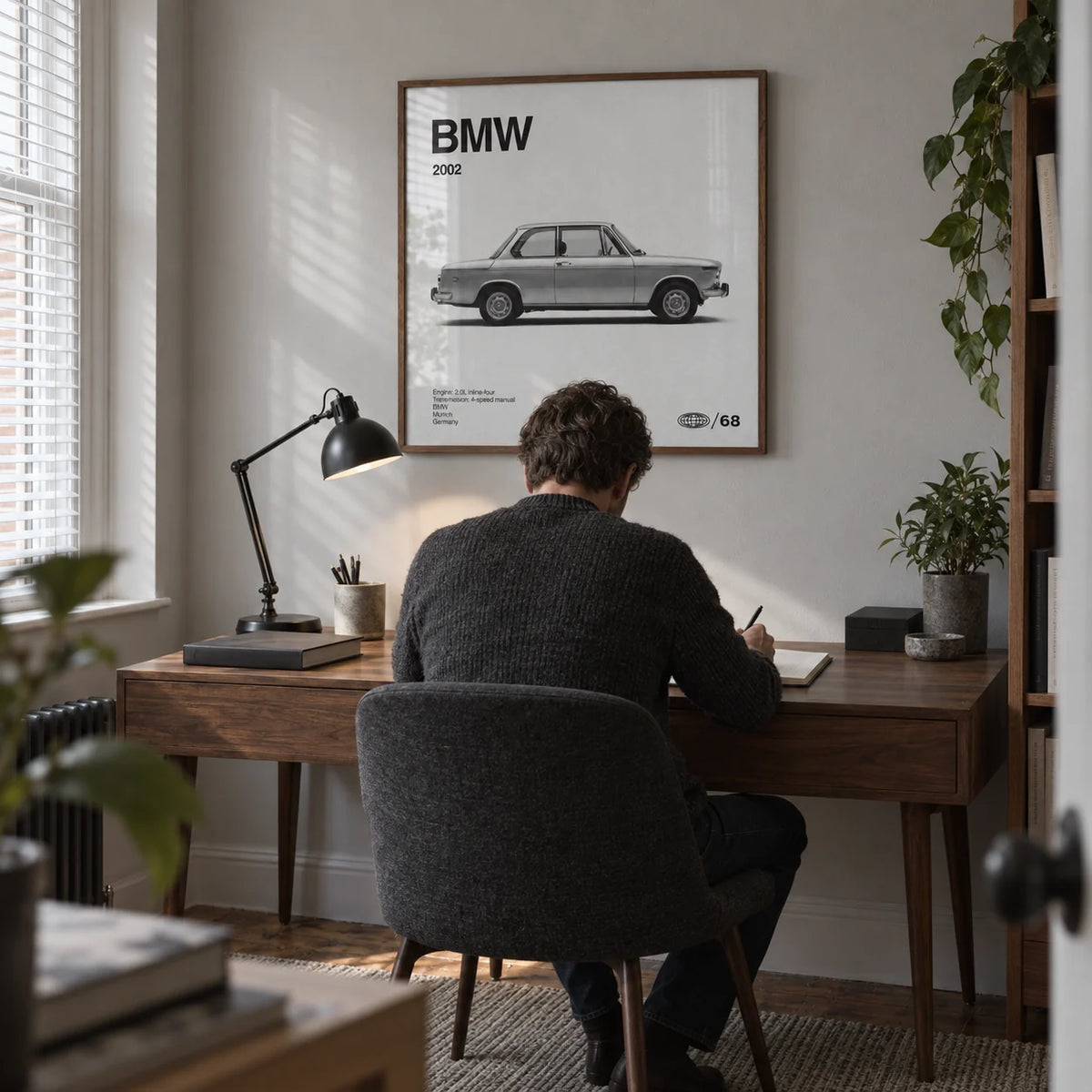 Classic 1970s Sports Saloon Poster, framed on the wall of a classic-car enthusiast's compact home study in a UK terraced house with a pale grey wall