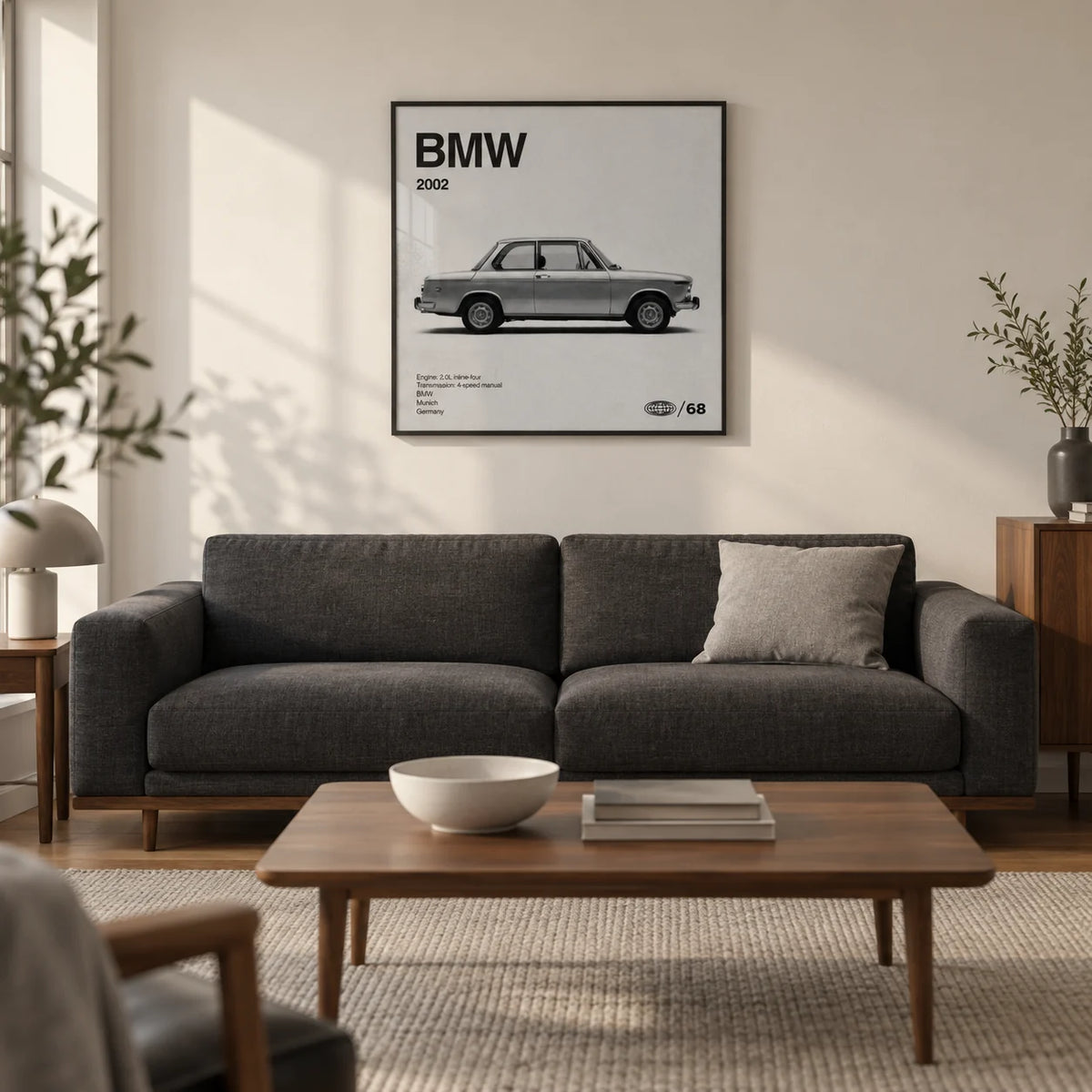 Classic 1970s Sports Saloon Poster, framed on the wall of a restrained modern living room in a UK city flat with a warm white wall