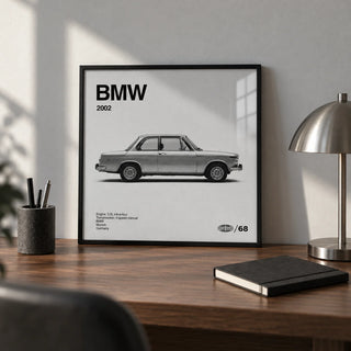 Classic 1970s Sports Saloon Poster, a small A4 framed print leaning on a walnut desk
