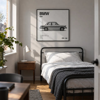 Classic 1970s Sports Saloon Poster, framed on the wall of a young adult car enthusiast's single bedroom (18-25) in a UK family home with a pale grey wall and oak floor