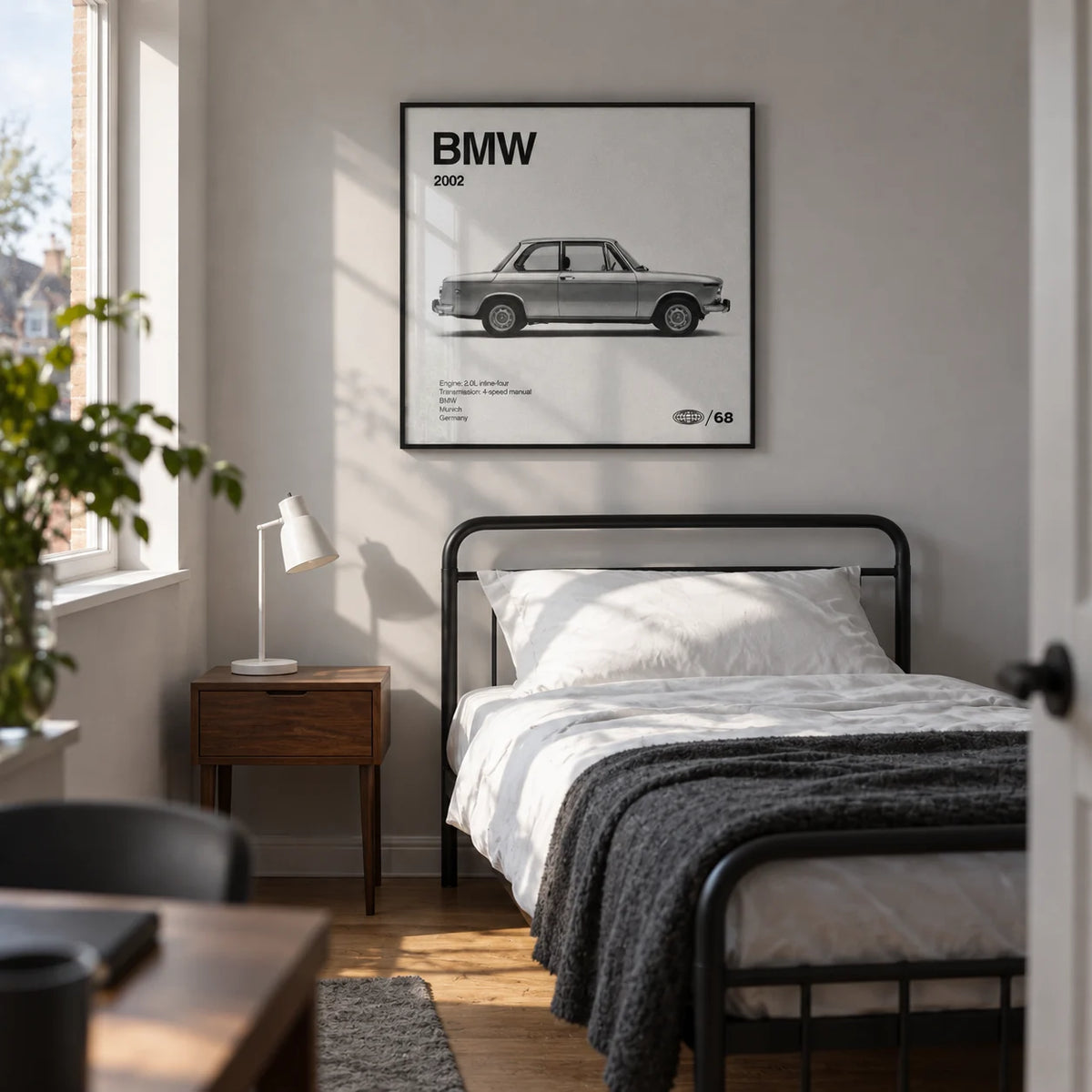 Classic 1970s Sports Saloon Poster, framed on the wall of a young adult car enthusiast's single bedroom (18-25) in a UK family home with a pale grey wall and oak floor