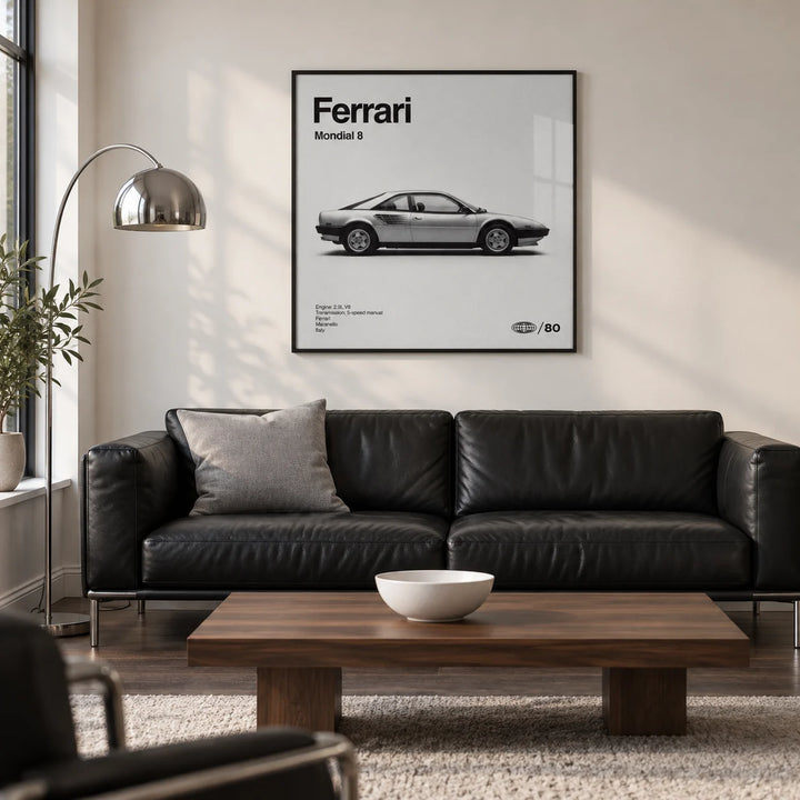 Classic 1980s Italian Coupe Poster, framed on the wall of a modern living room in a UK city flat with a soft white wall and smoked oak flooring