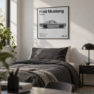 Classic American Muscle Car Poster, framed on the wall of a crisp single bedroom for a young adult (18-25) with a white wall