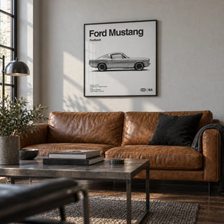 Classic American Muscle Car Poster, framed on the wall of an industrial living room with a pale grey wall and a dark wood floor