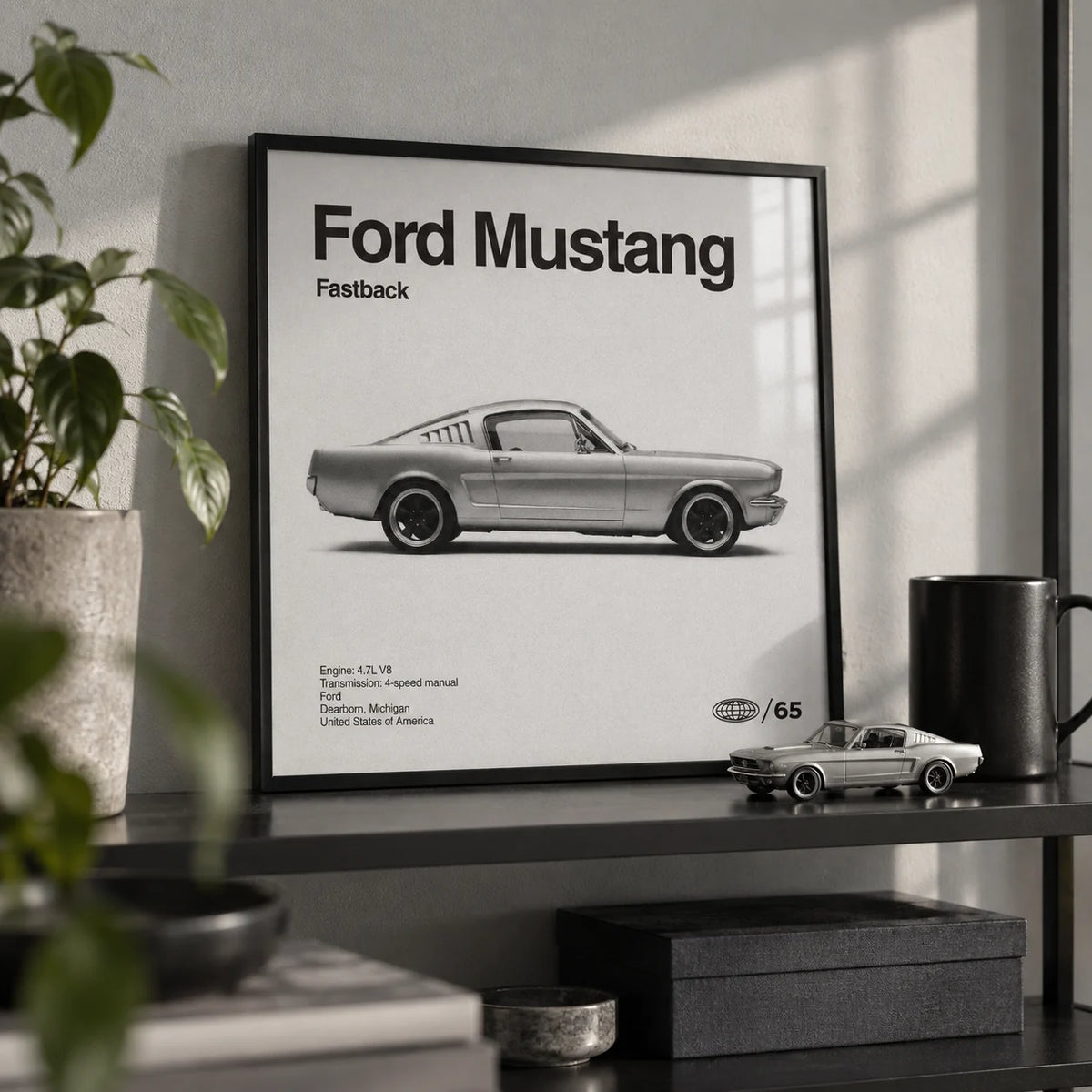 Classic American Muscle Car Poster, a small A4 framed print leaning on a black metal shelf in a living room