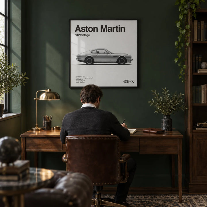 Classic British Muscle Coupe Poster, framed on the wall of a gentleman's style study with a deep racing green wall and a dark wood floor