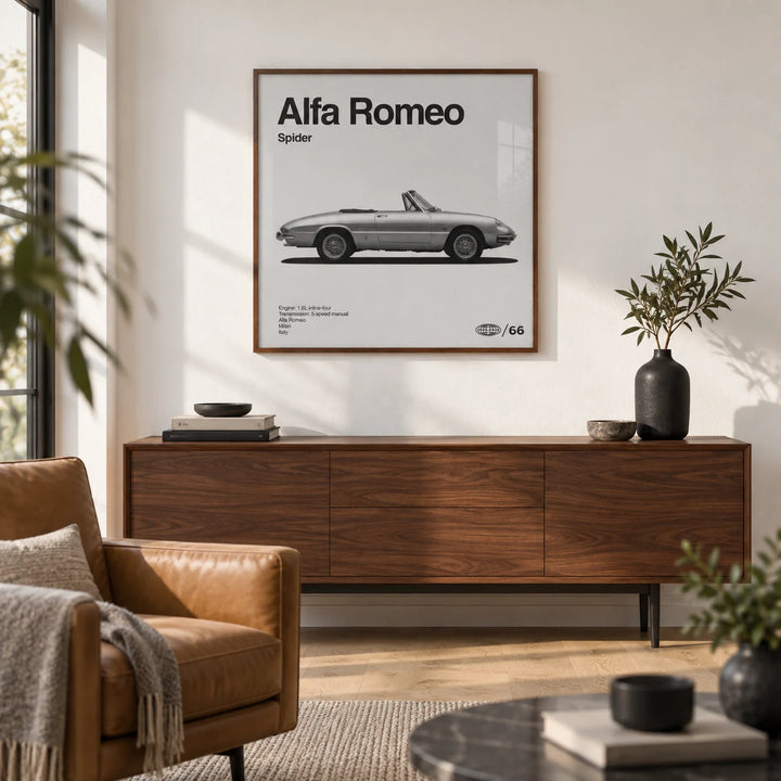 Classic Italian Spider Car Poster, framed on the wall of a modern living room with a white wall and a light oak floor