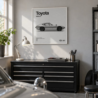 Classic Japanese Sports Car Poster, framed on the wall of a clean hobby garage in a British semi-detached home with a pale grey painted wall and sealed concrete floor in a home office