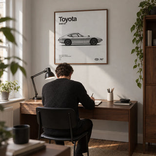 Classic Japanese Sports Car Poster, framed on the wall of a compact home study in a British terraced house with a pale grey wall and a walnut desk