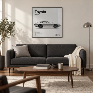 Classic Japanese Sports Car Poster, framed on the wall of a modern living room in a UK city flat with a warm white wall