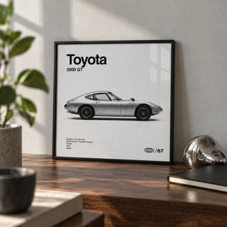 Classic Japanese Sports Car Poster, a small A4 framed print leaning on a walnut desk