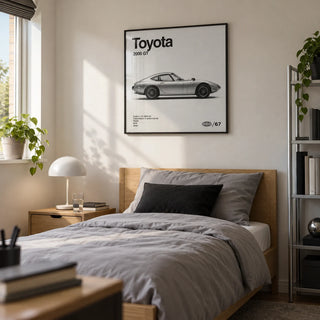 Classic Japanese Sports Car Poster, framed on the wall of a tidy single bedroom for a young adult car enthusiast (18-25) in a UK family home with an off-white wall