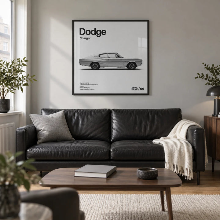 Classic Muscle Car Art Print, framed on the wall of a modern living room in a UK city flat with a pale grey wall
