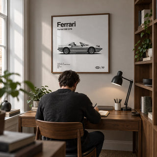 Classic Targa Top Sports Car Poster, framed on the wall of a compact home study in a renovated UK terrace with a pale grey wall and built-in walnut shelving