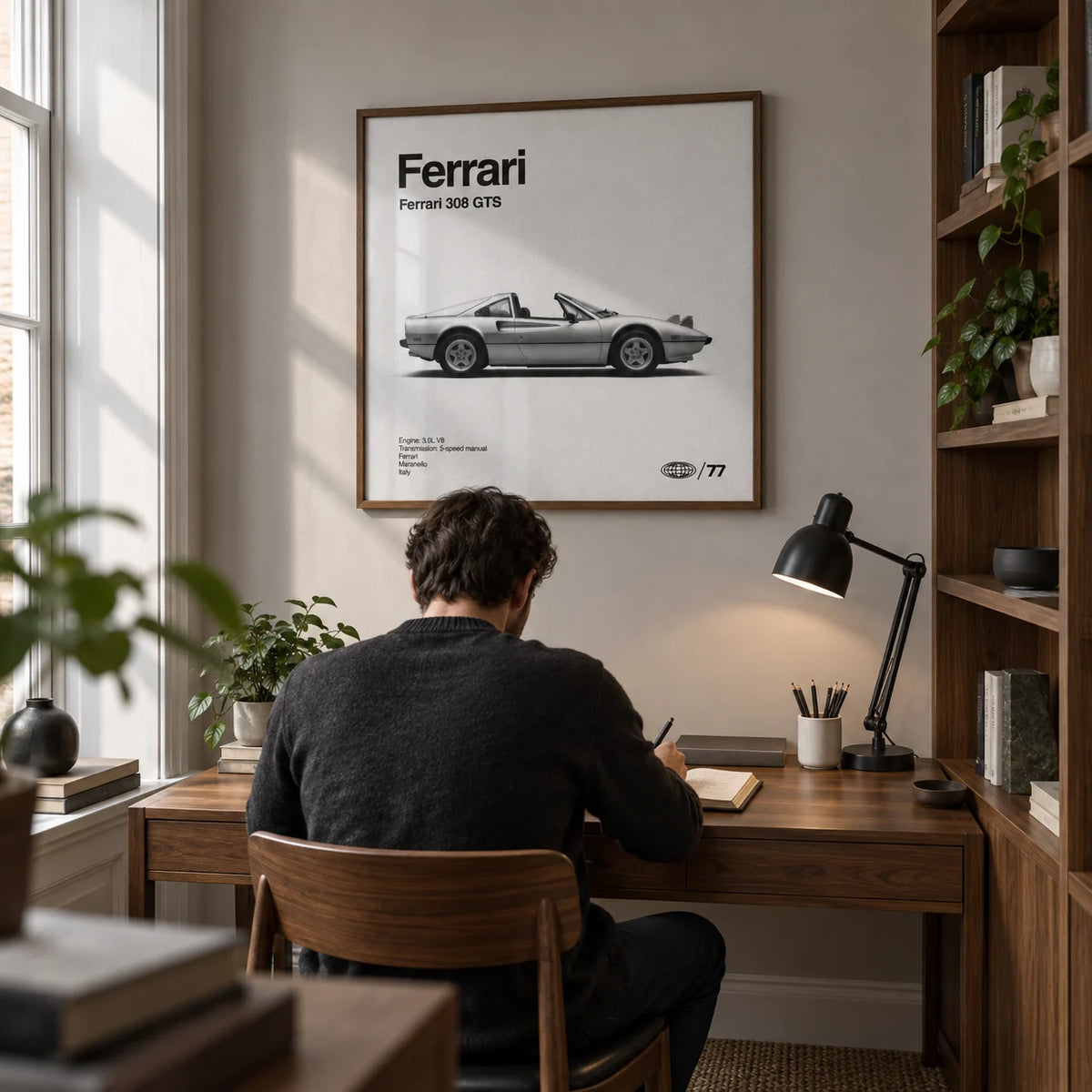 Classic Targa Top Sports Car Poster, framed on the wall of a compact home study in a renovated UK terrace with a pale grey wall and built-in walnut shelving