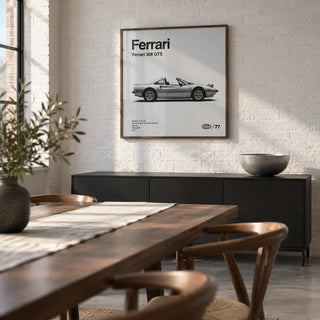 Classic Targa Top Sports Car Poster, framed on the wall of a modern dining area in a UK warehouse conversion with a white painted brick wall and a smooth grey floor