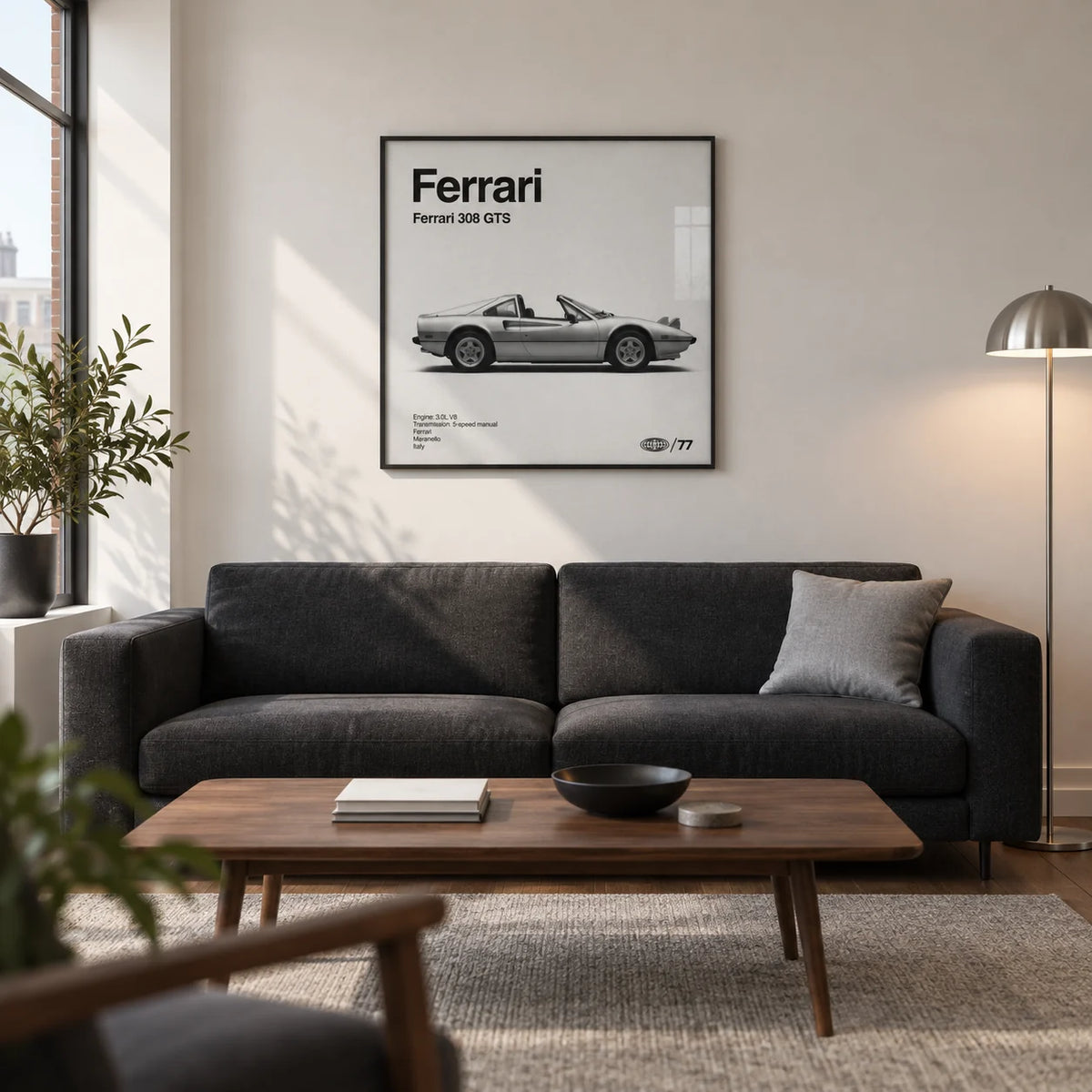 Classic Targa Top Sports Car Poster, framed on the wall of a modern living room in a UK city flat with a soft white wall