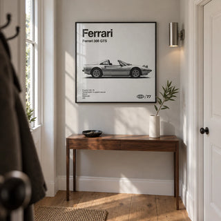 Classic Targa Top Sports Car Poster, framed on the wall of a narrow entrance hallway in a UK townhouse with pale grey walls