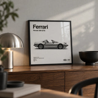 Classic Targa Top Sports Car Poster, a small A4 framed print leaning on a walnut sideboard in a living room
