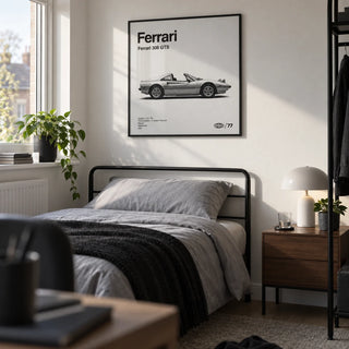 Classic Targa Top Sports Car Poster, framed on the wall of a young adult's single bedroom (18-25) in a UK family home with a white wall and simple black metal furniture