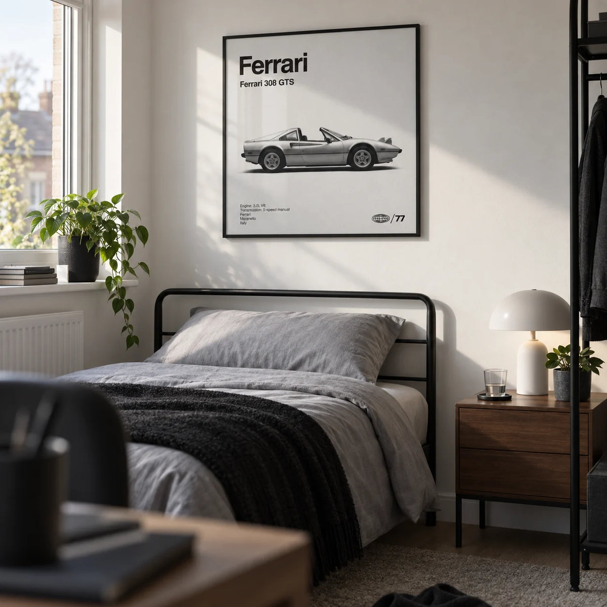 Classic Targa Top Sports Car Poster, framed on the wall of a young adult's single bedroom (18-25) in a UK family home with a white wall and simple black metal furniture