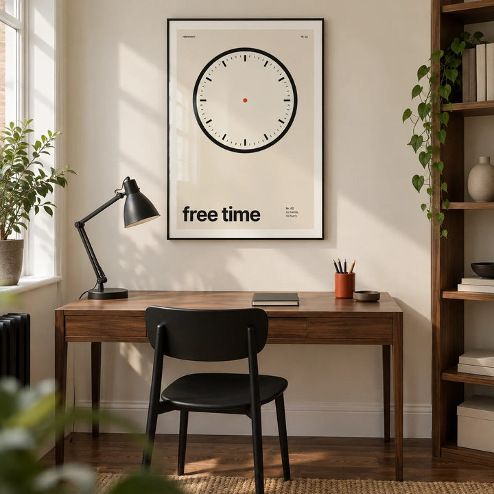 Clock Print, framed on the wall of a modern home study in a UK townhouse with an ivory wall and walnut floorboards